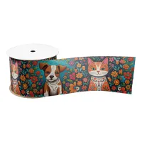 Cute Whimsical Folk Art Cat and Dog and Flowers Satin Ribbon