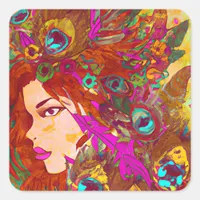 Beautiful Abstract Art | Women with Feathers Square Sticker