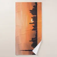 Sunset over a seaside town - watercolor bath towel