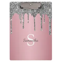 Silver Glitter Drips Rose Gold Pink Monogram Name Clipboard
