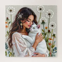 Beautiful Woman, Cat and Dandelions Jigsaw Puzzle