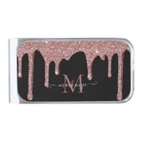 Black Rose Gold Sparkle Glitter Drips Monogram Silver Finish Money Clip