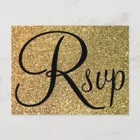 Elegant Black RSVP Gold Glitter Photo Invitation Postcard