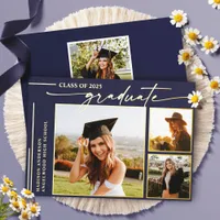 Modern Navy Blue Script Graduate Photo Graduation Foil Invitation