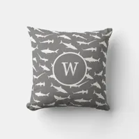 Shark Frenzy Grey White Monogram Throw Pillow