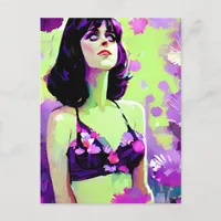 Purple Flower Power Retro Woman Painting Postcard
