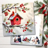 Christmas Cardinal & Birdhouse Personalized  Photo Holiday Card