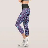 Purple Turquoise Black Op Art Geometric Pattern Capri Leggings