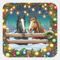 Two Festive Cartoon Horses in Comic Book Style Square Sticker