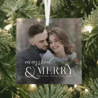 Modern Married and Merry Newlyweds Photo Christmas Glass Ornament