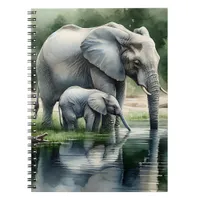 Watercolor Illustration of Mama and Baby Elephant Notebook