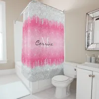 Monogram Hot Pink Ombre Glitter Silver Icing Drip Shower Curtain