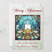 Stained Glass Christmas Candle Holly Green Glitter Holiday Card