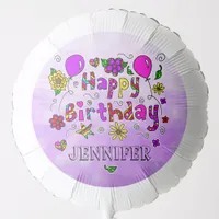 Purple Whimsical Happy Birthday Flowers and Hearts Balloon