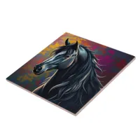 Stunning Black Friesian Horse in the Fall Ceramic Tile
