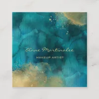 Makeup Artist Watercolor Teal and Gold Square Business Card