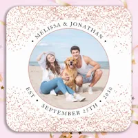 Wedding Personalized Rose Gold Glitter Photo  Square Paper Coaster