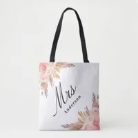 Pampas grass rose gold floral white bride mrs tote bag