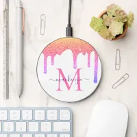 Rainbow Pink Peach Sparkle Glitter Drips Monogram Wireless Charger