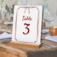 Modern Simple Bow Wedding Maroon Table Number Acrylic Sign