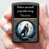 A Lone Wolf Howls Under the Full Moon at Night Zippo Lighter