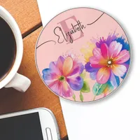 Floral monogram colorful watercolor elegant chic wireless charger 