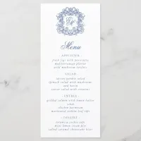 Blue Elegant Script Monogram Crest Wedding Menu