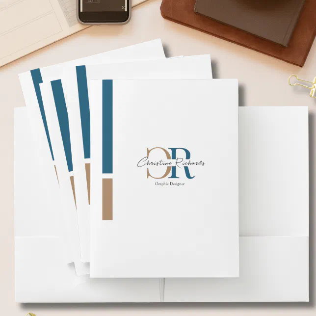 Simple Modern Blue Gold Monogram Pocket Folder