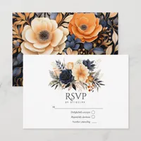 Navy Blue, Burnt Orange & Champagne Floral Wedding RSVP Card
