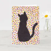 Greeting Card - Black Cat Against Colored Dots