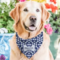 Navy Blue Dog Bones Paw Print Custom Name Pet Bandana Collar