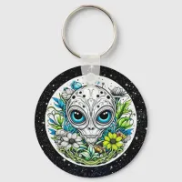 Extraterrestrial Alien in Flowers Starry Night Keychain