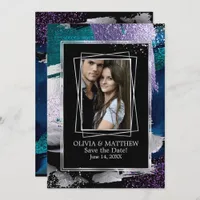 Save the Date | Photo Silver Teal Lilac Abstract Invitation