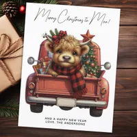 Highland Cow Vintage Red Truck Merry Christmas Holiday Postcard
