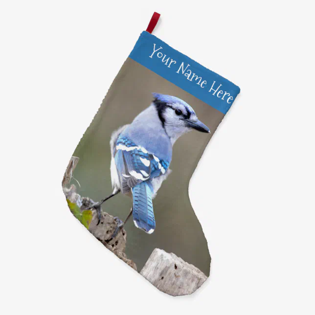 Cute Blue Jay Songbird on Tree Stump Large Christmas Stocking