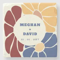 Retro Groovy Boho Chic Floral Wedding Stone Coaster