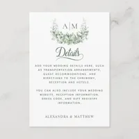 Monogram Greenery Elegant Wedding Details Enclosure Card