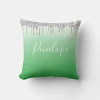 Green Silver Glitter Dripping  Monogram    Throw Pillow