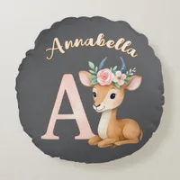 Whimsical Cute Watercolor Letter A Animal Nursery  Round Pillow