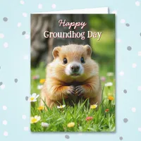 Cute Groundhog Day | Groundhog in Grass & Flowers Card