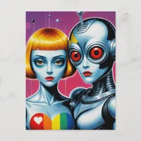 Alien and a Robot in Love Rainbow Postcard