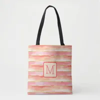 Watercolor Stripes Tangerine Color Block Monogram Tote Bag