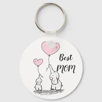 Cute cartoon elephants holding pink balloons mom keychain