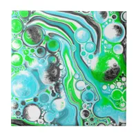 Lime Green and Aqua Blue Bubble Abstract Art  Gift Ceramic Tile
