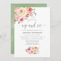 Blush and Sage Green Floral Sip and See Invitation