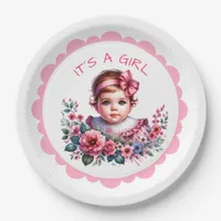 It's a Girl | Pink Floral Vintage Baby Shower Paper Plates