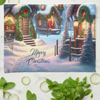 Charming snowy Christmas village custom  Kitchen Towel