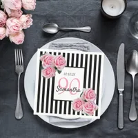 90th birthday pink roses black white stripes napkins