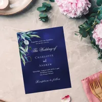 Navy blue greenery budget wedding invitation flyer