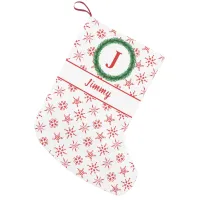 Wreath Monogram Your Name White & Red Snowflakes Small Christmas Stocking